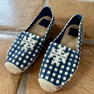 Tory Burch Weston Checker Espadrille flats 8.5 Blue White Cruise
